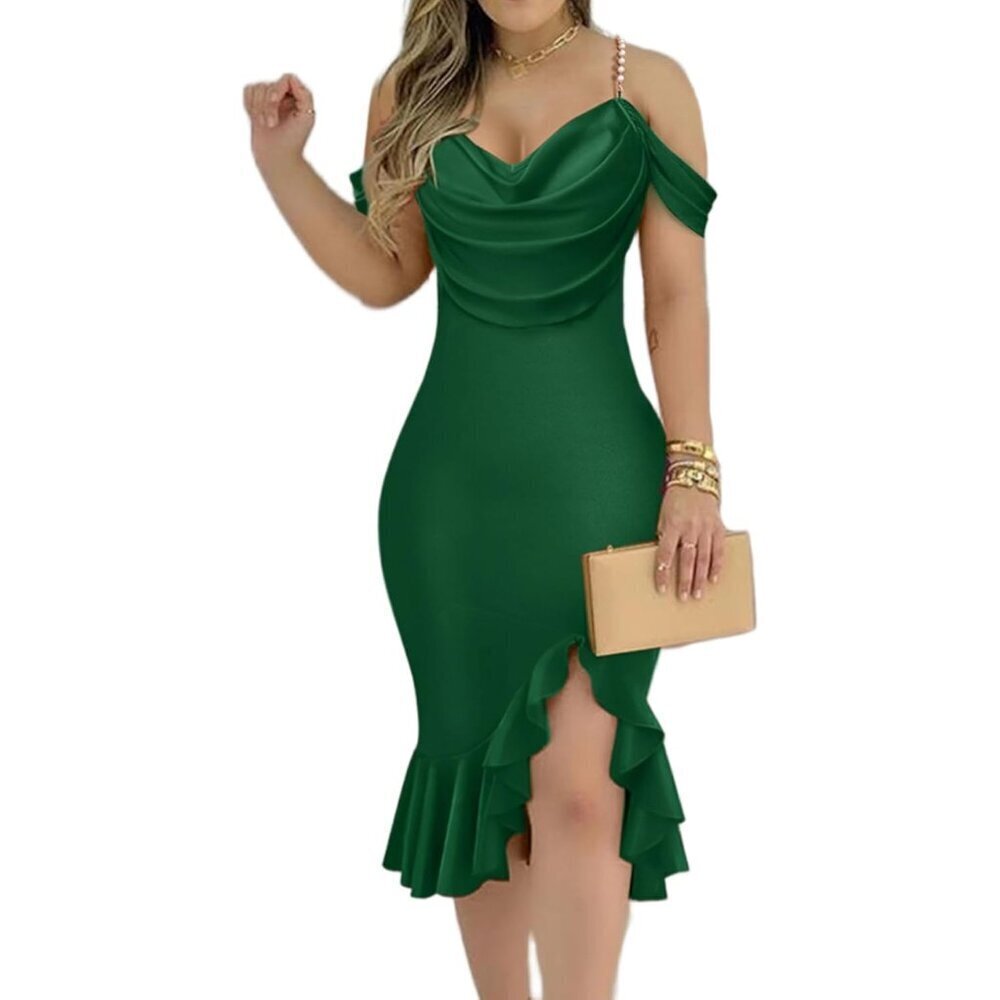 Women Sexy Bodycon Party Dress Off Shoulder Pearl Strap Midi Ruffle Hem Cocktail
